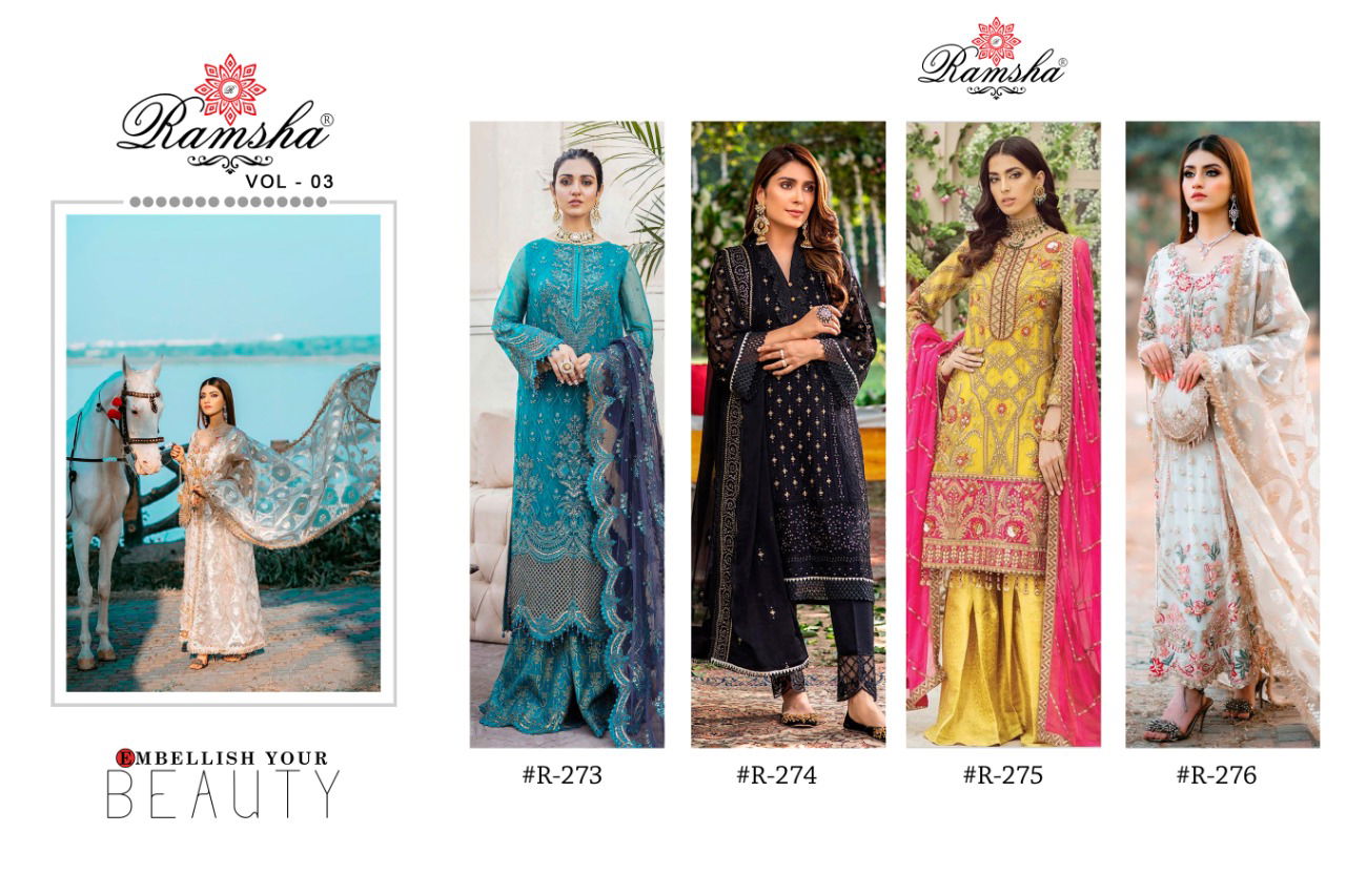 Ramsha R 273 to 276 Designer Fancy Wedding Wear Georgette With Heavy Embroidery Work Pakistani Salwar Suits Collection
